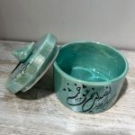 شکلات خوری گرد لیبل مشکی سرامیکی دستساز طرح صدای سخن عشق رنگ فیروزه ای - Image 2